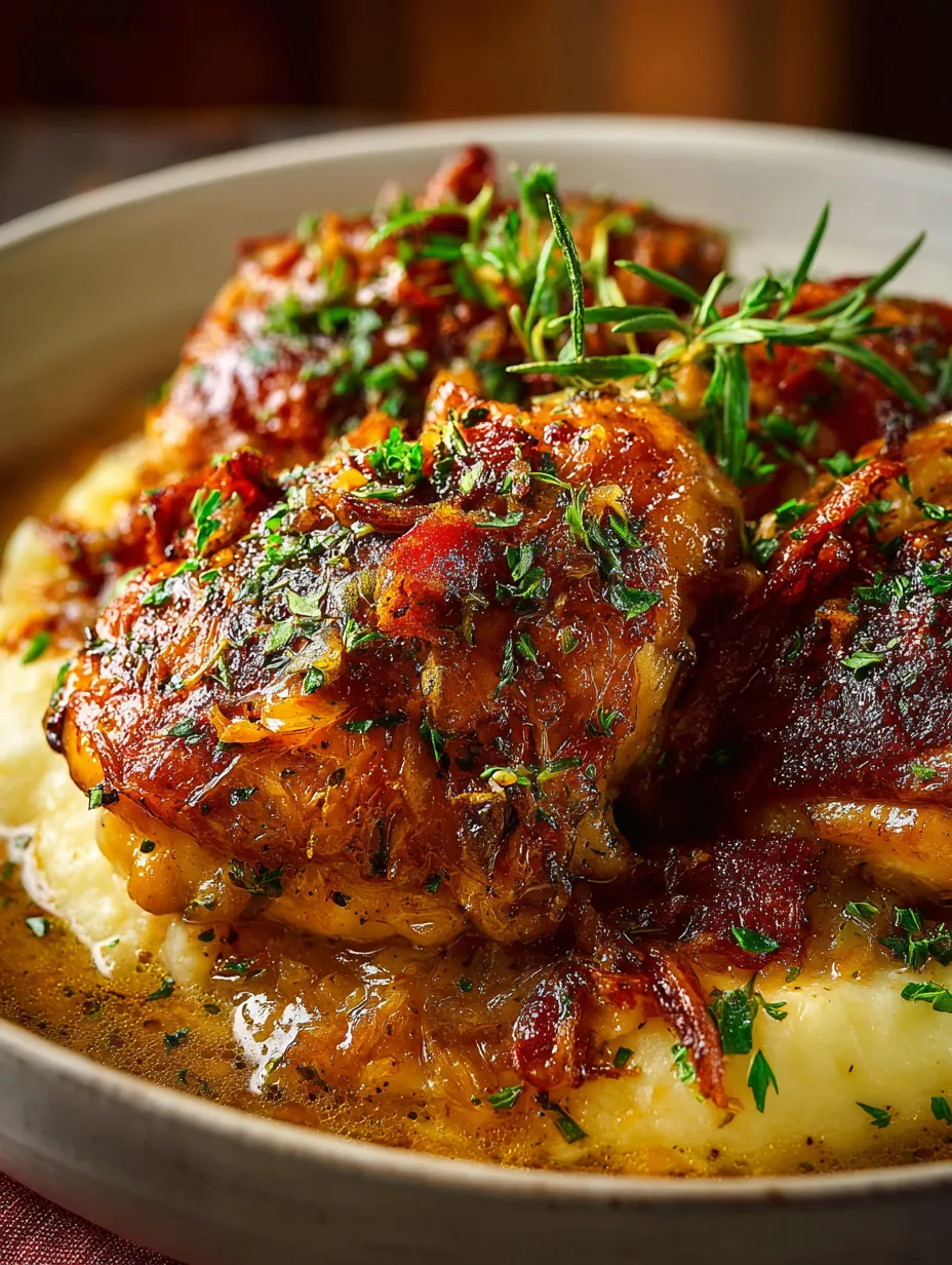 Ein Bild von gegrillten Chicken-Brustchen, die in einer Sauce mit Zwiebeln und Knoblauch serviert werden.