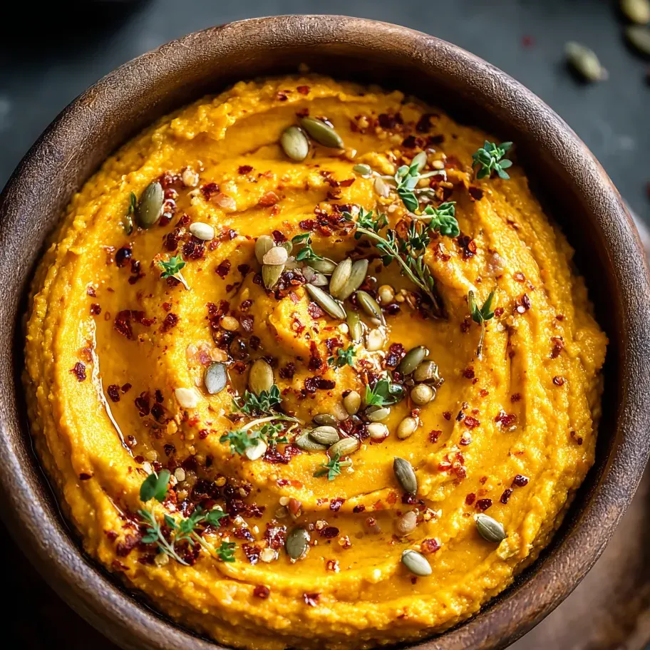 Ein Topf mit einer cremigen, orangefarbenen Nudelsuppe, die mit Pumpfleisch, Sesam und Gewürzen zubereitet wurde.