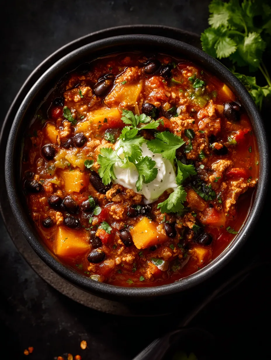 Ein schwarzes Becken mit einer Mischung aus Chili, Kartoffeln, Paprika, Zwiebeln und Tomaten.