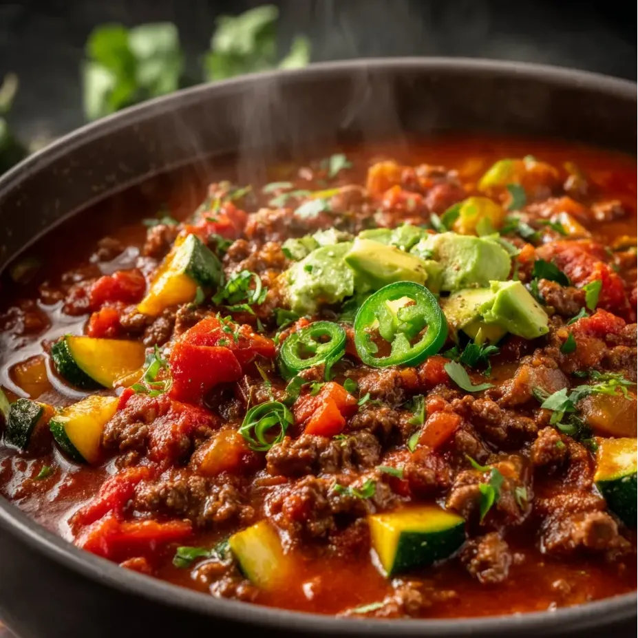 Ein schwarzes Becken mit einer Mischung aus Kartoffeln, Zwiebeln, Tomaten, Avocado und Zucchini.