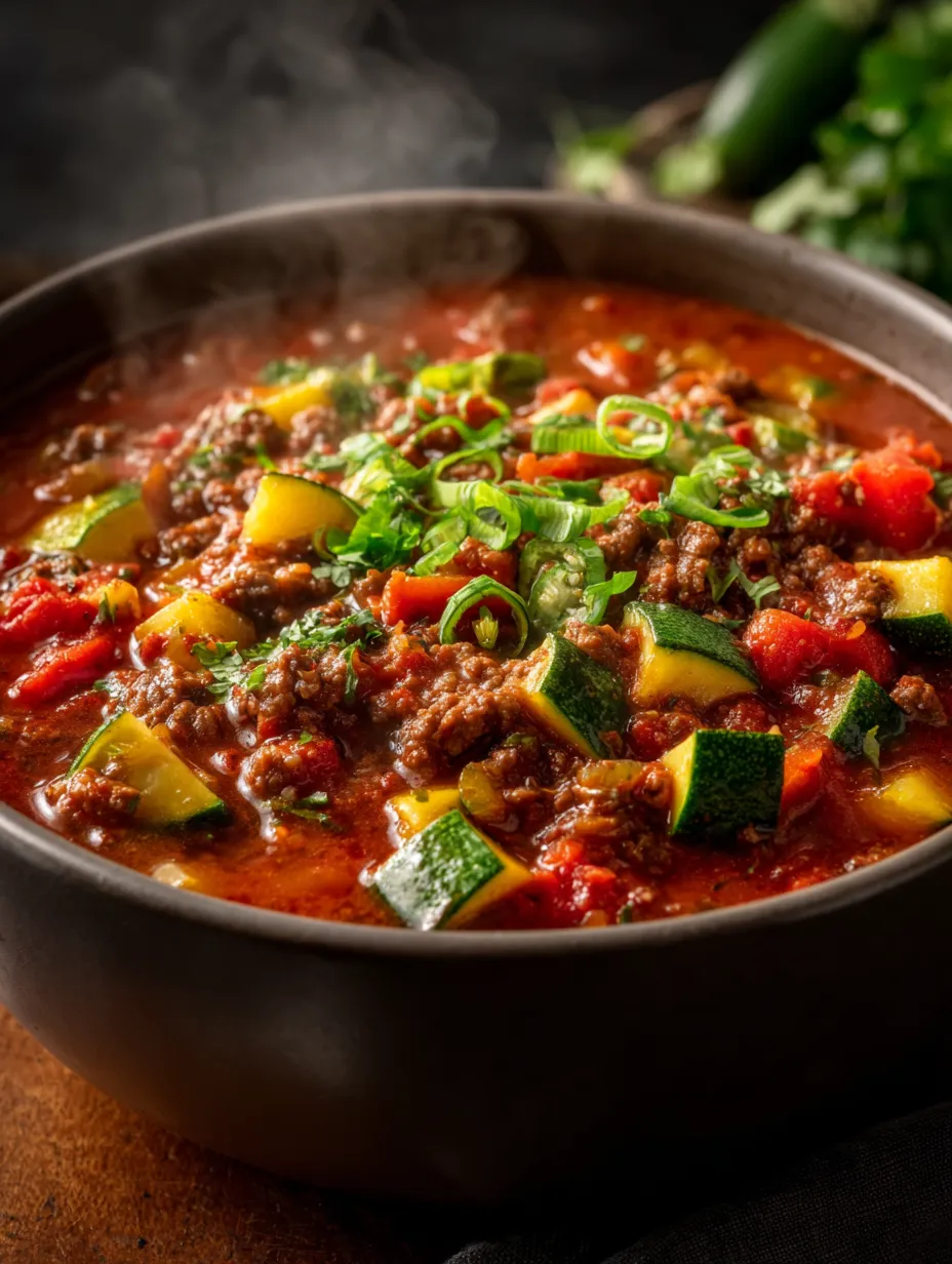 Ein Schüssel mit einer Mischung aus Zwiebeln, Tomaten, Zucchini und Rindfleisch.