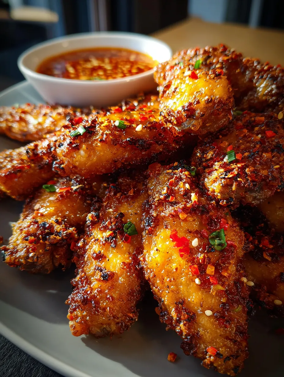 Eine Platte mit frisch zubereiteten, schwarzen und goldenen Chicken-Wings, die in einer Sauce serviert werden.