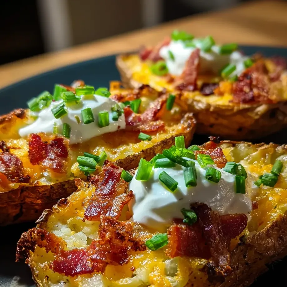 Eine Platte mit drei Bacon-topped potatoes, die mit Mayonnaise und grünen Zwiebeln garniert sind.