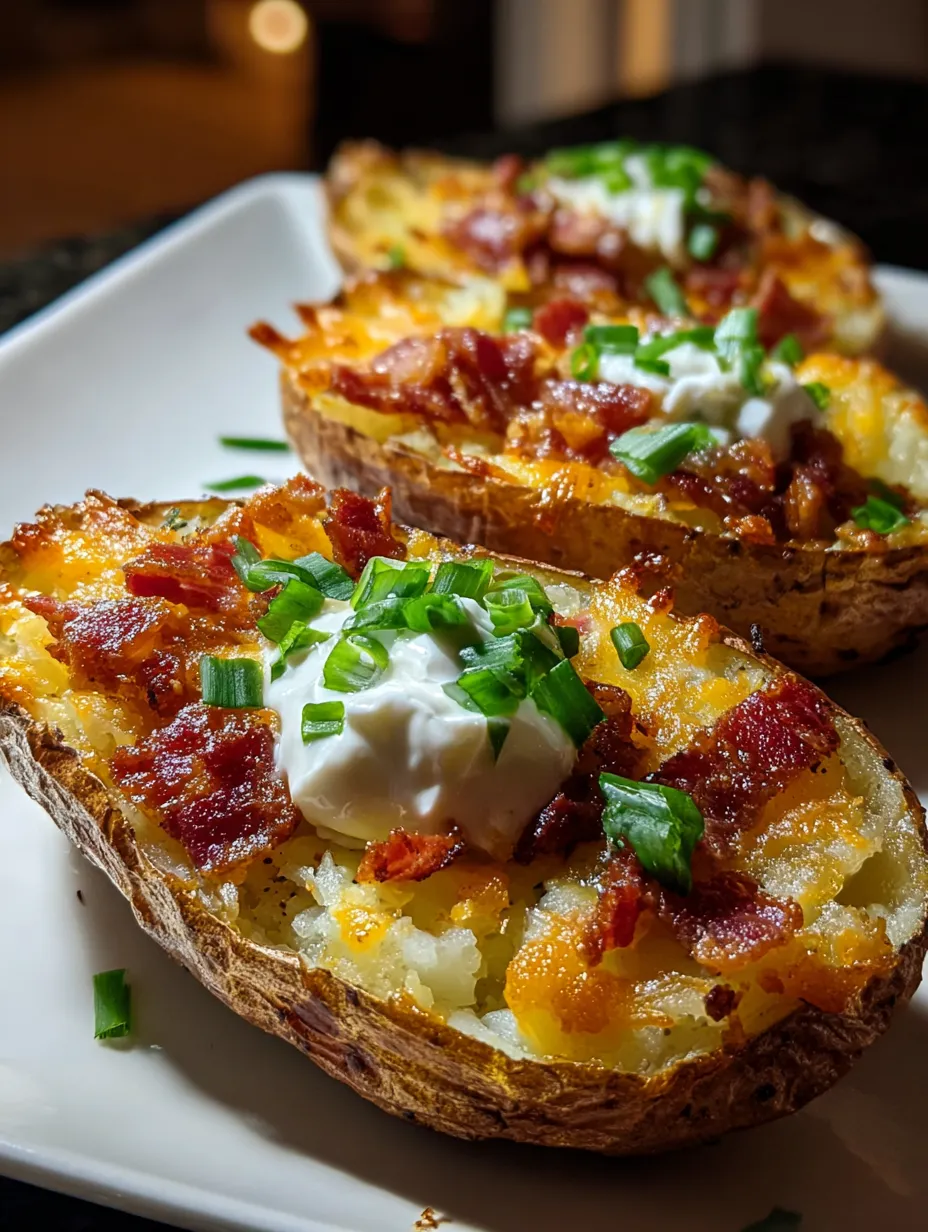 Ein Bild zeigt drei gegrillte Kartoffeln mit Bacon und Mayonnaise.