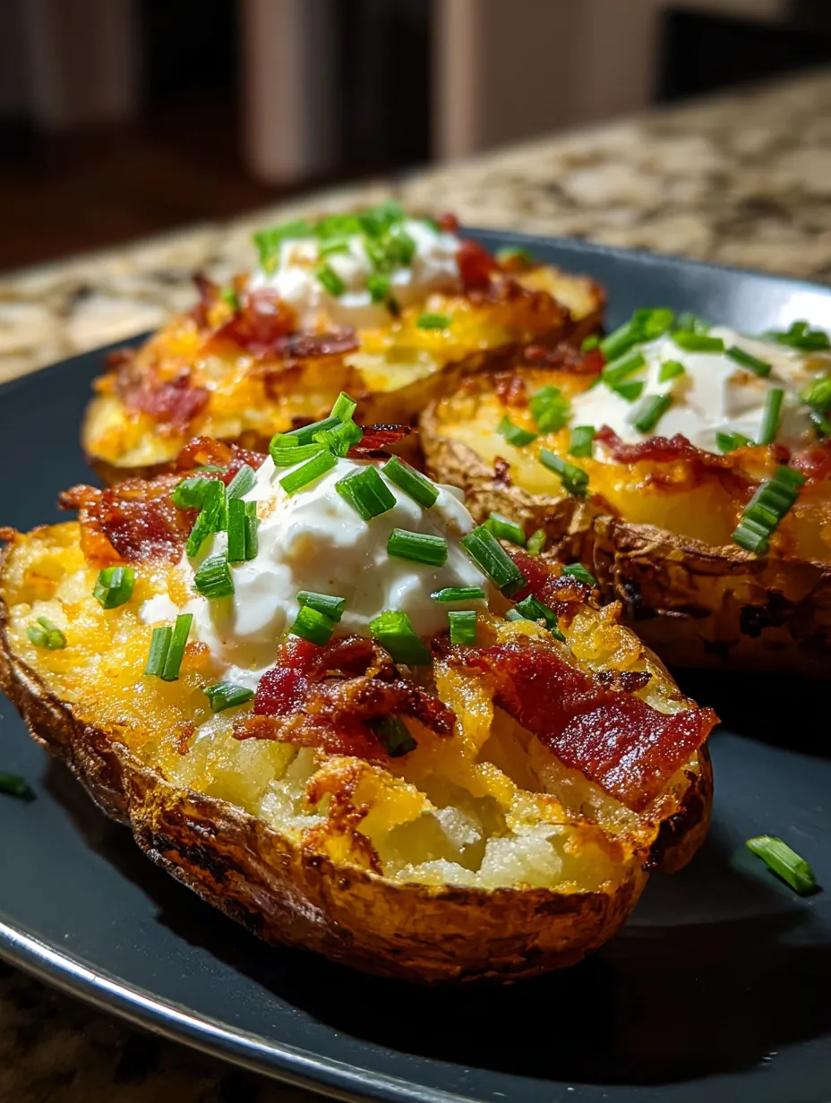 Ein Plate mit gegrillten Kartoffeln, die mit Bacon und Mayonnaise garniert sind.