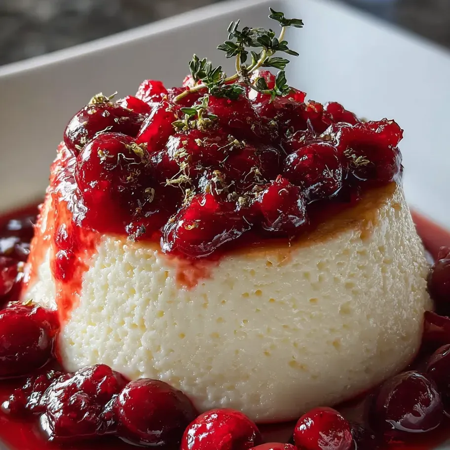 Eine weiße Platte mit einem cremigen Dessert, der mit Zitrusfrüchten und Beeren garniert ist.