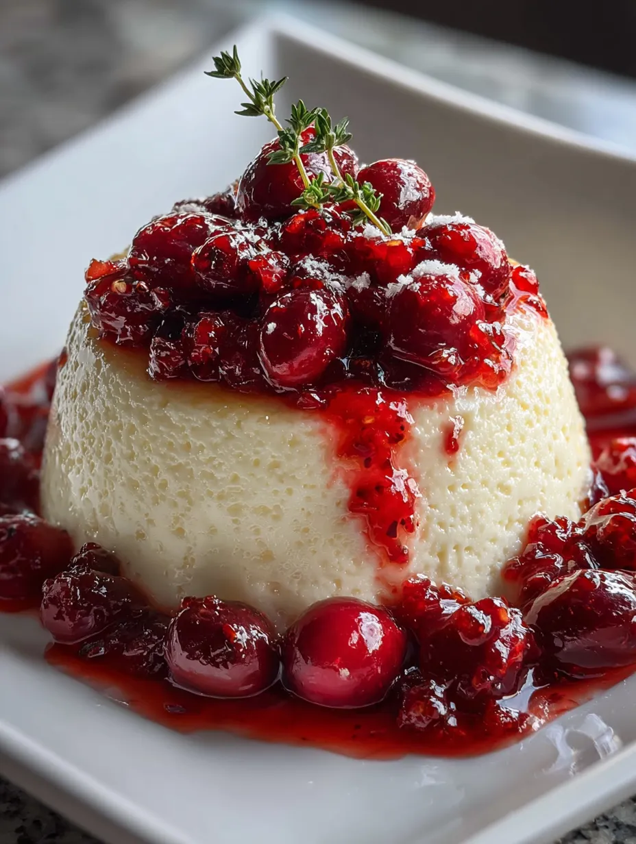 Eine weiße Platte mit einem cremigen Dessert, der mit roten Beeren und Zwiebeln garniert ist.
