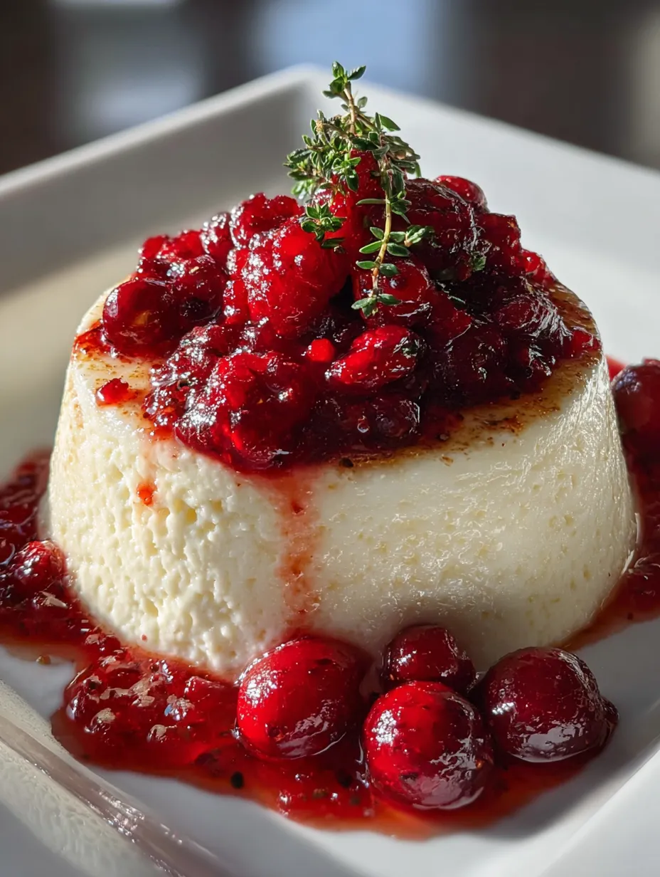 Eine weiße Platte mit einer Creme-Topping, die mit roten Beeren und Zwiebeln garniert ist.