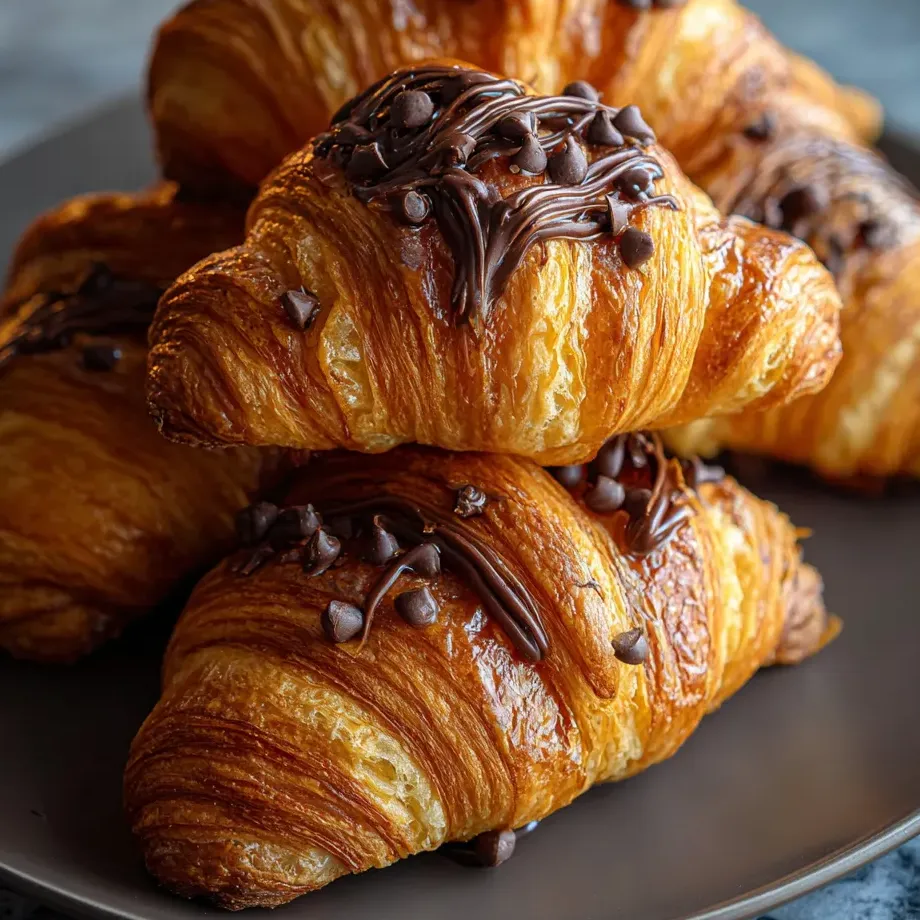 Eine Platte mit drei Croissants, die mit Schokoladenglasur und Schokoladensirup garniert sind.