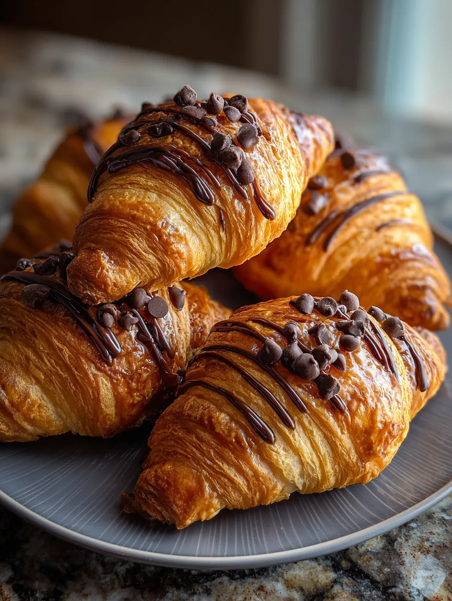 Ein weißer Teller mit drei Croissants, die mit Schokoladenglasur und Schokoladensplittern garniert sind.