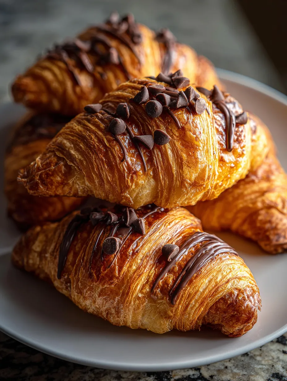 Zwei Croissants mit Schokoladenschaumkäse auf einem weißen Teller.