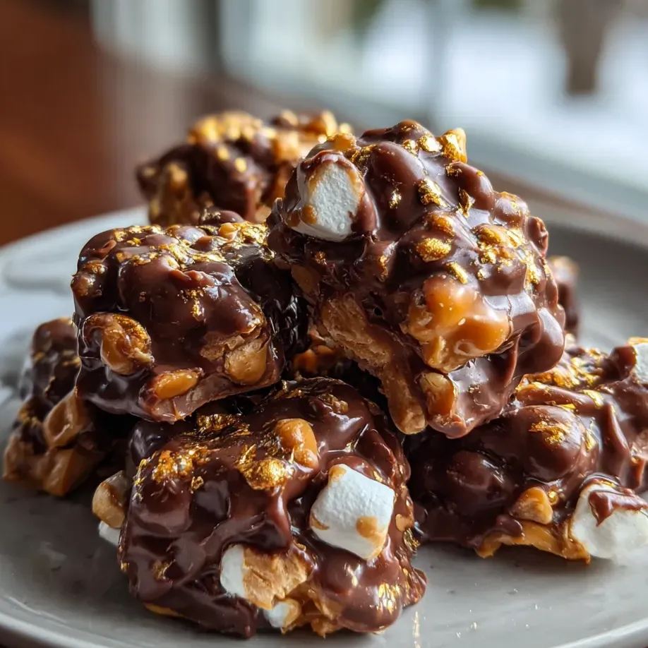 Eine Platte mit Schokoladenkugeln, die mit Marshmallows und Goldflakes verziert sind.
