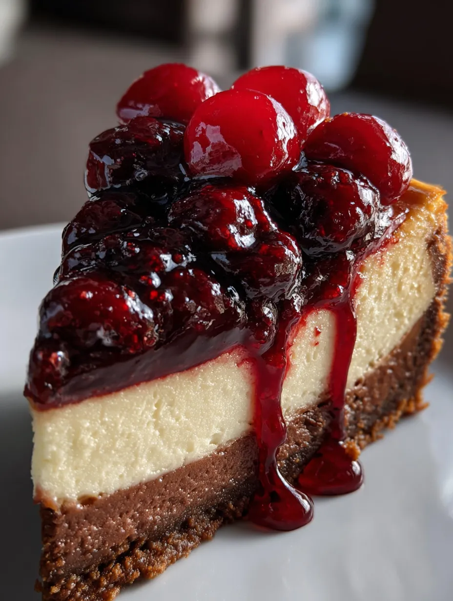 Eine Schokoladencake mit Cherry-Fruchtgarnitur auf einem weißen Teller.
