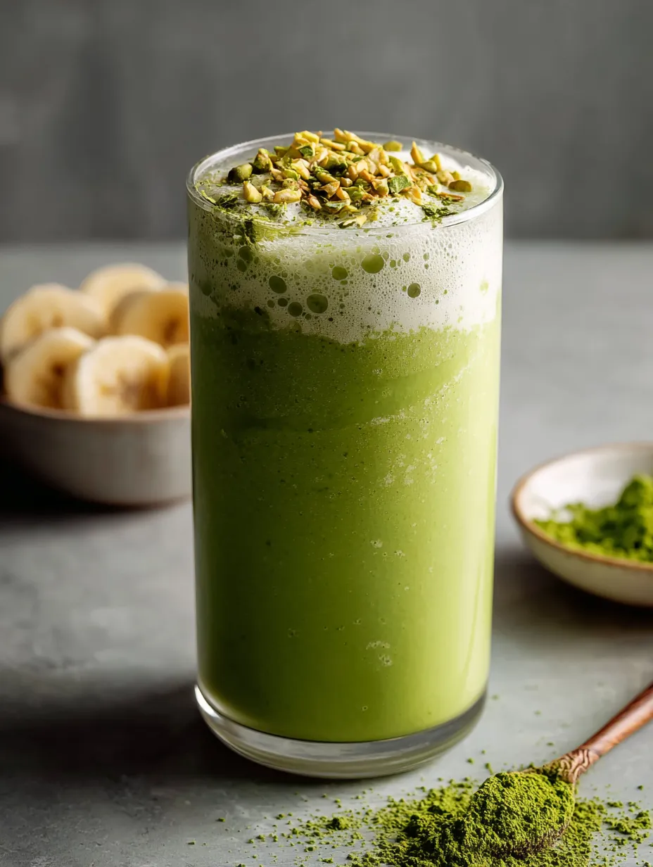 Ein Glas mit grünem Getränk, das mit Bananen und Zitrusfrüchten zubereitet wurde.