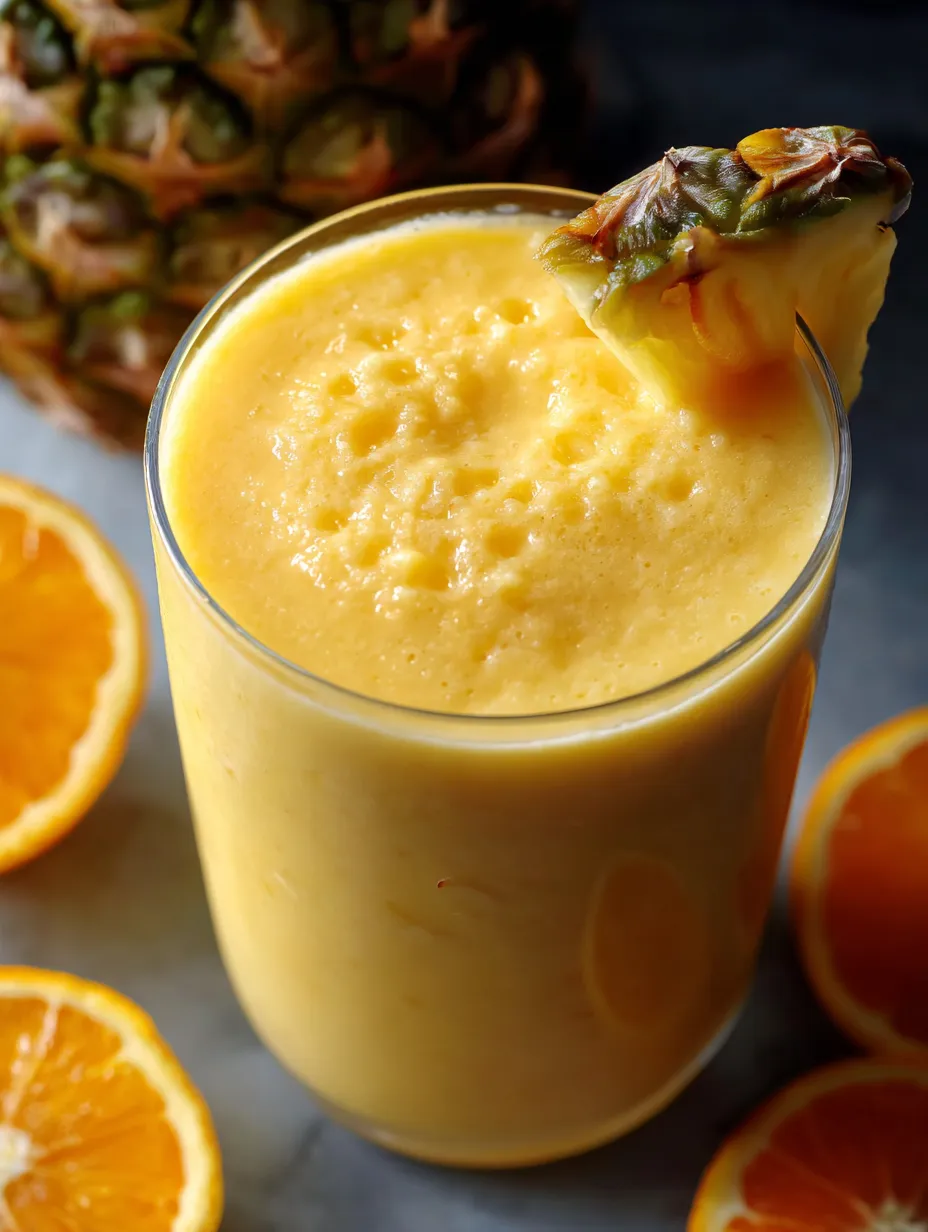 Ein Glas mit einer cremigen, kräftigen Mischung, die aus einer Mischung aus Orangensaft, Milch und Zitrusfrüchten besteht.