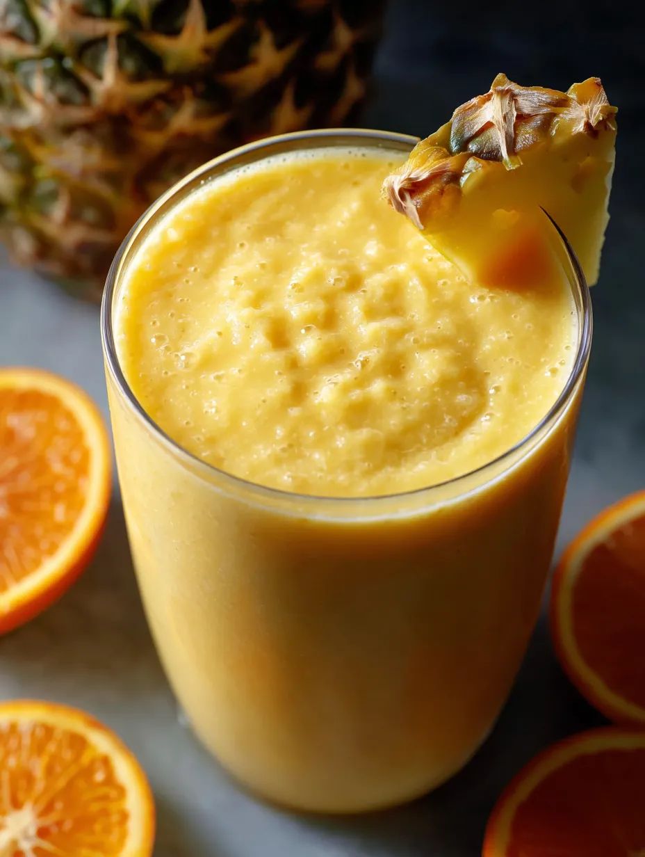 Ein Glas mit einer Mischung aus Orangensaft und Kokosmilch.
