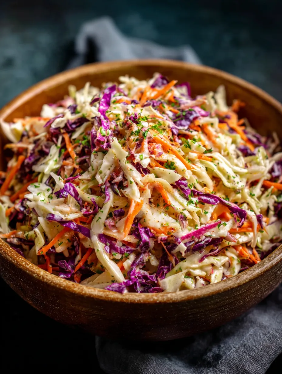 Ein großer, voller Salat aus Kohl, Zwiebeln und Karotten, alles in einem Holz-Bowl.