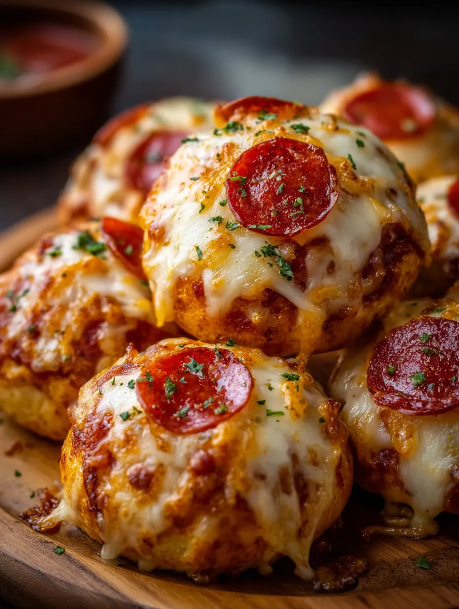 Eine Gruppe von sechs Pepperoni-Knödel auf einem Teller.