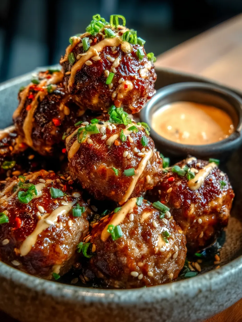 Ein Wok mit mehreren gegrillten Fleischballen, die mit Sauce und Zwiebeln garniert sind.
