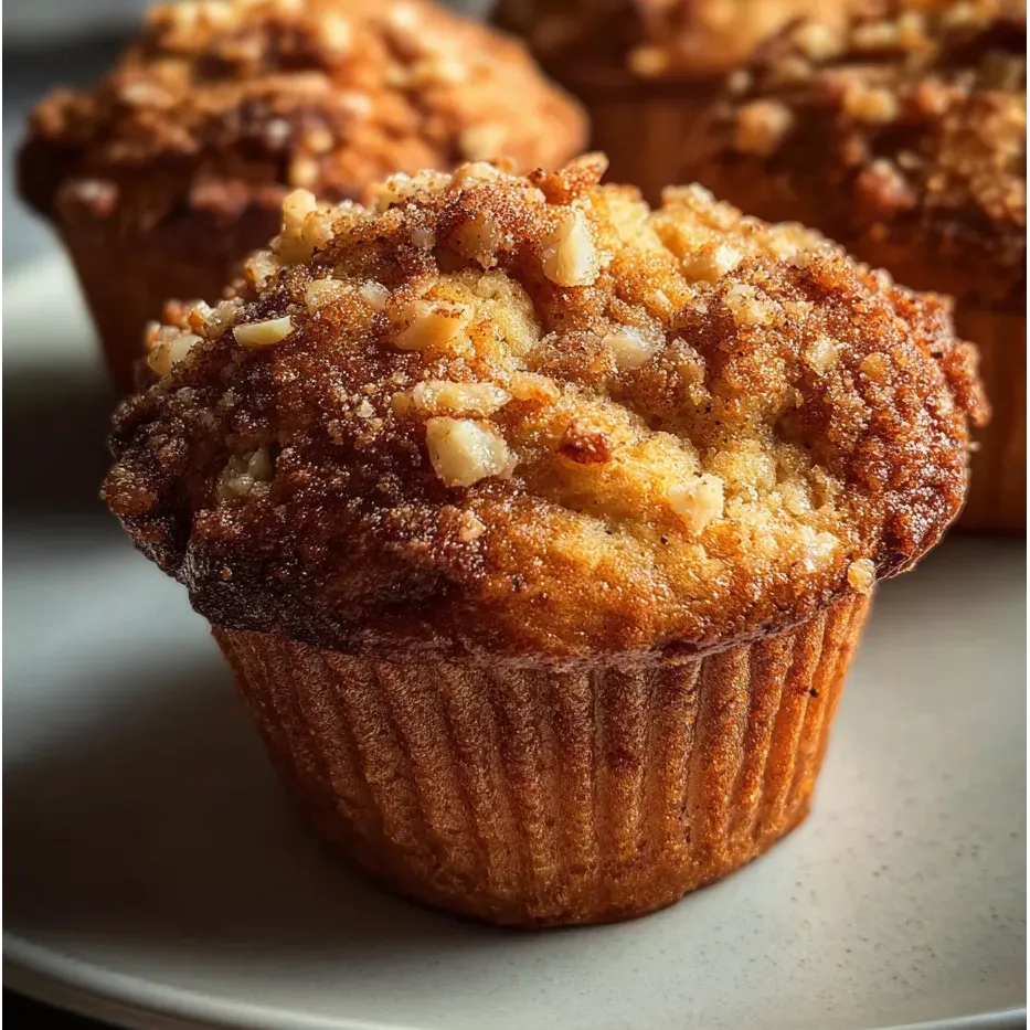 Ein muffin mit nusszucker und nüssen auf einem Teller.