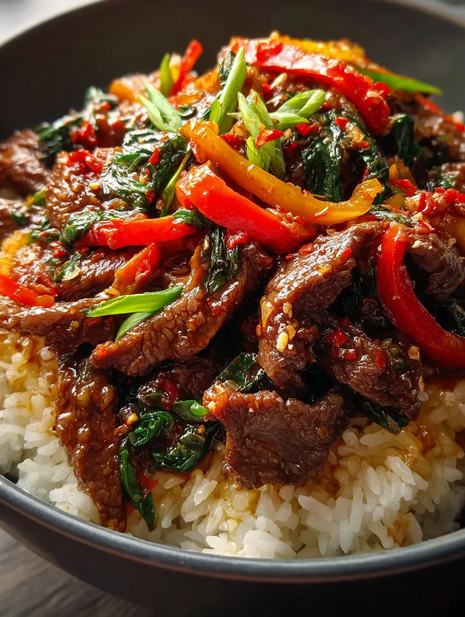 Ein Bild von einer Beilage mit Rindfleisch, Paprika, Zwiebeln und Spinat.