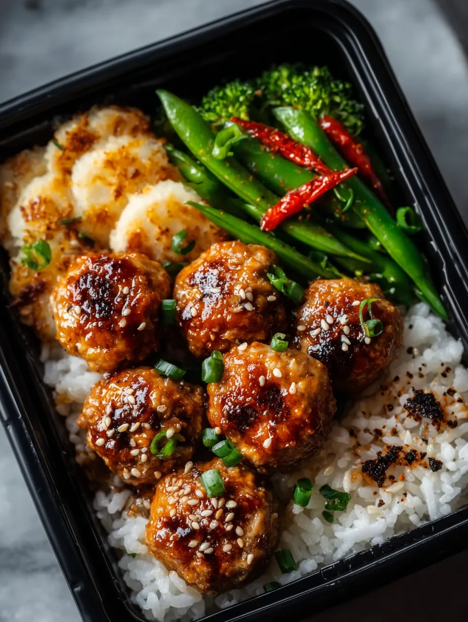 Ein schwarzes Behälter mit Rice und Meatballs.