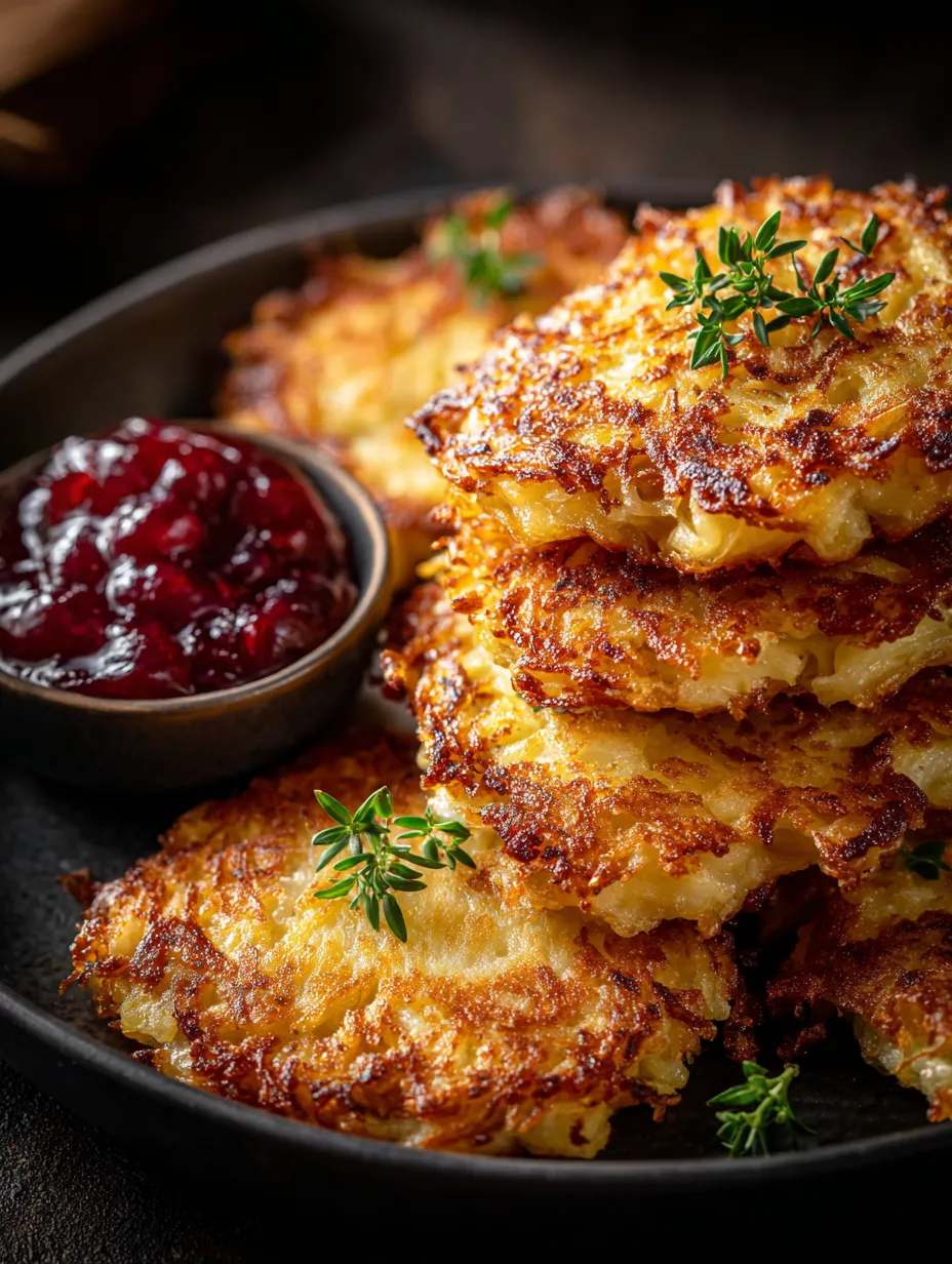 Ein schwarzes Teller mit einer Sauce und einer Schüssel mit Kartoffeln, die mit Kräutern garniert sind.