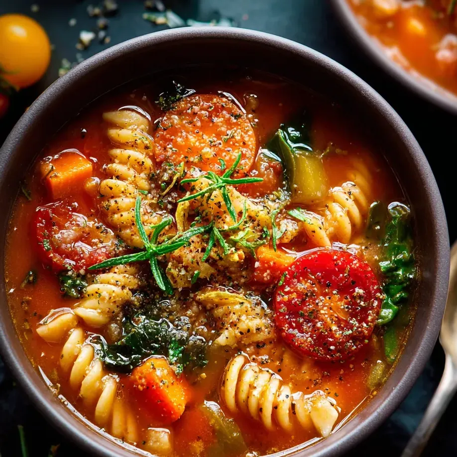 Ein Glas mit Pasta, Tomaten, Zwiebeln und Kartoffeln.