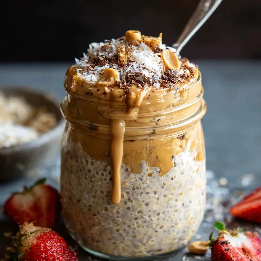 Eine Schüssel mit Nudelsalat und Walnuss, garniert mit Strawberries.