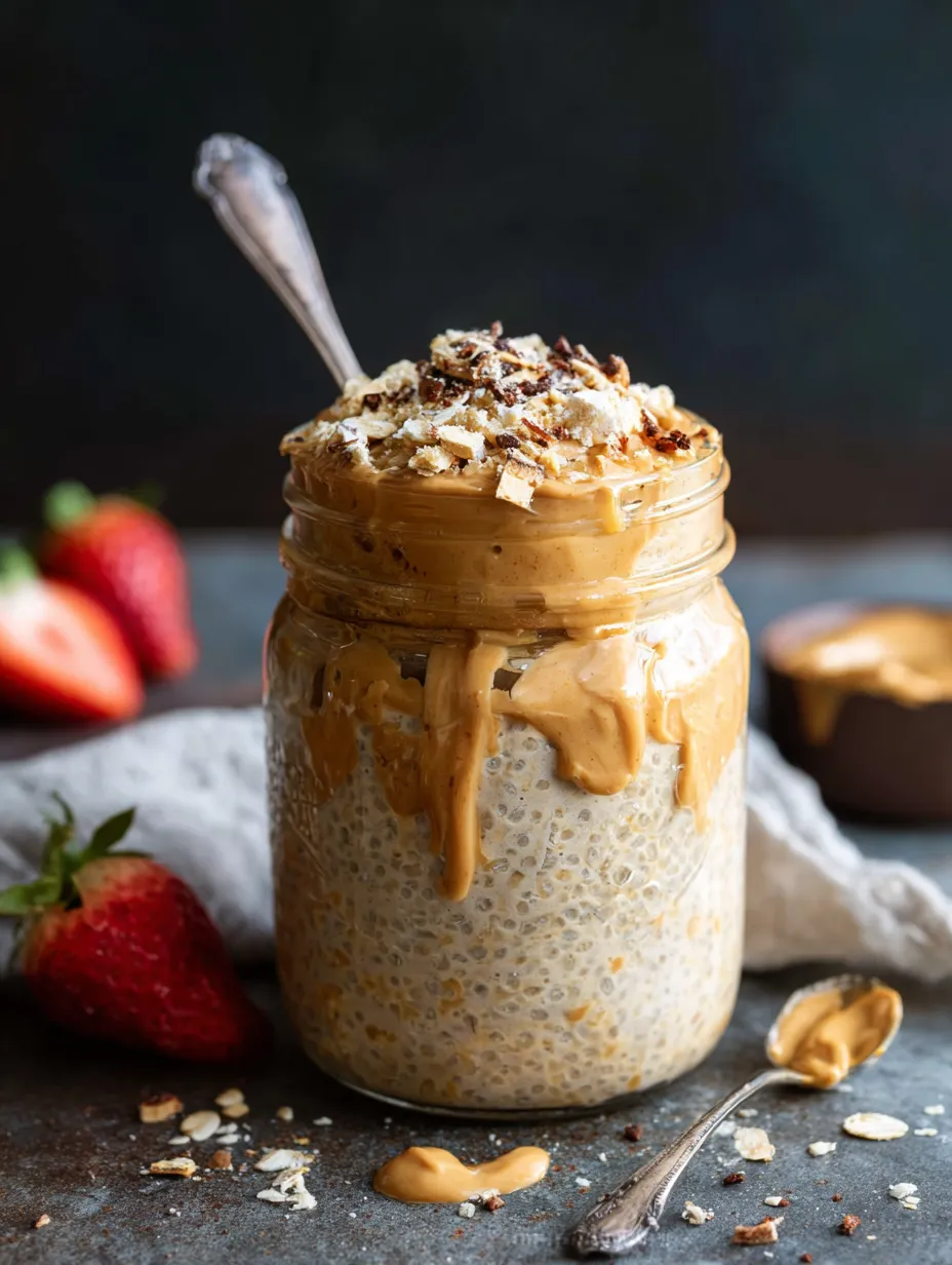 Ein Glas mit Nudelsuppe, die mit Nüssen und Schokolade garniert ist.
