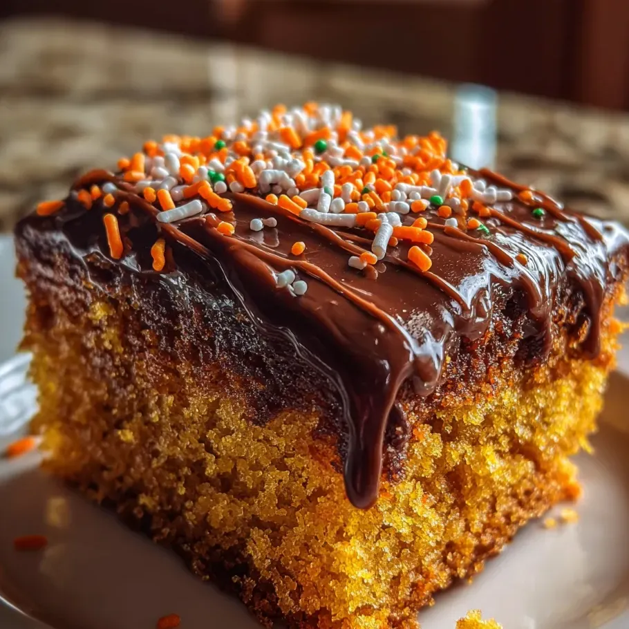 Ein Stück Kuchen mit Schokoladenglasur auf einem weißen Teller.