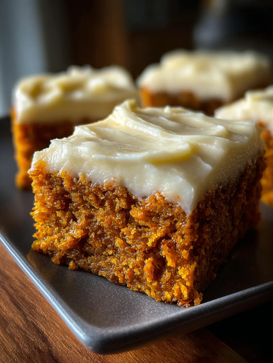 Eine Platte mit drei Stücken von Orange-Kuchen auf einem Teller.