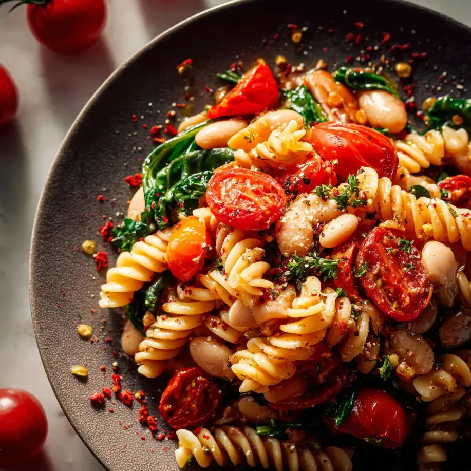 Ein Plate mit Pasta, Tomaten, Beans und Kartoffeln.