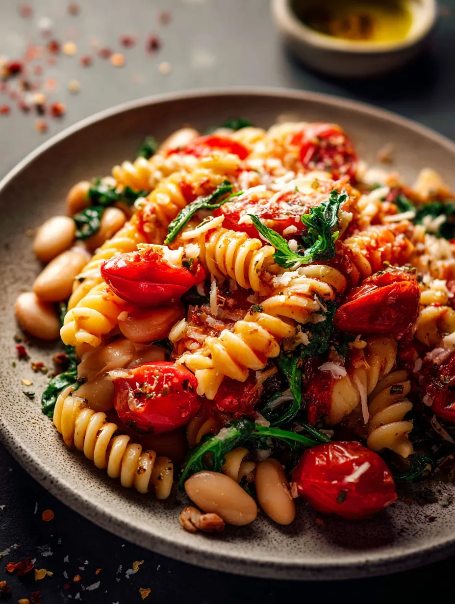 Ein Schälchen mit Pasta, Tomaten, Kichererbsen, Spinat und Basilikum.