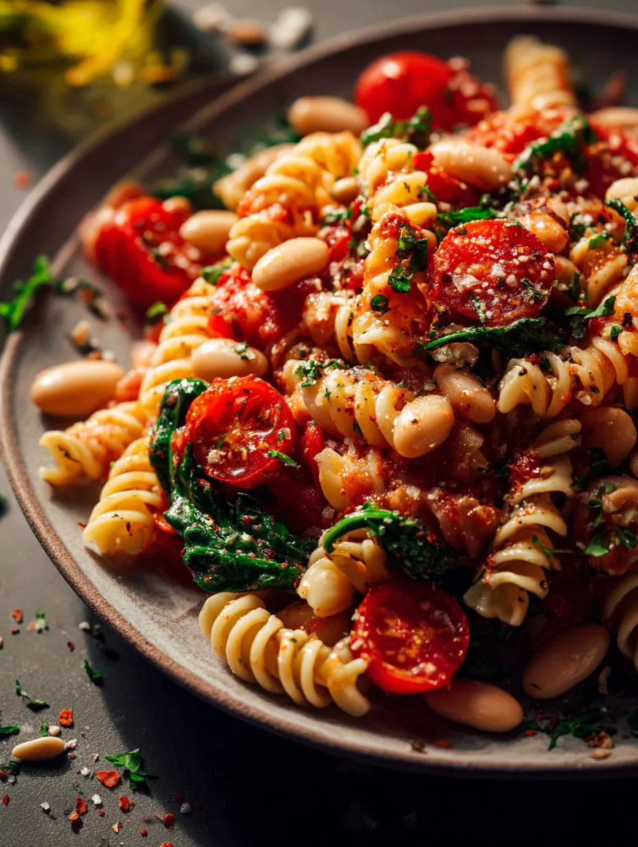 Ein Bild von Pasta mit Tomaten, Beans, Kichererbsen und Spinat auf einem Teller.