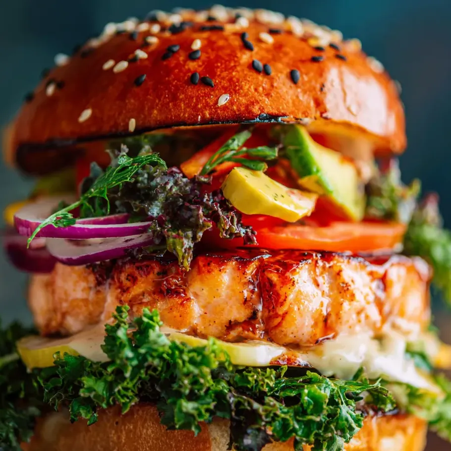 Ein großes Hamburger-Burger mit verschiedenen Zutaten wie Avocado, Tomaten, Lettuce, Koriander und Käse.