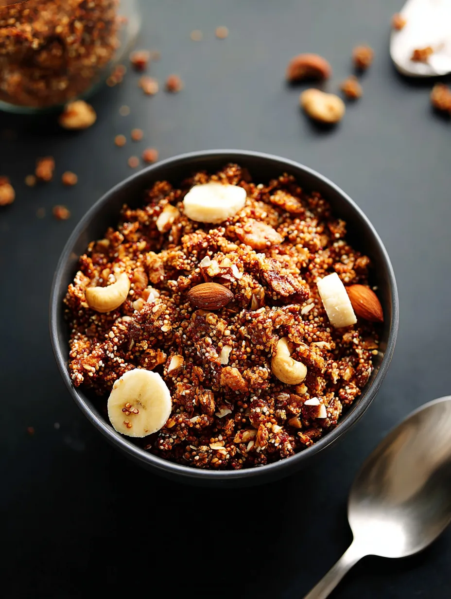 Ein schwarzes Bowl mit Nüssen, Bananen und Walnüssen.
