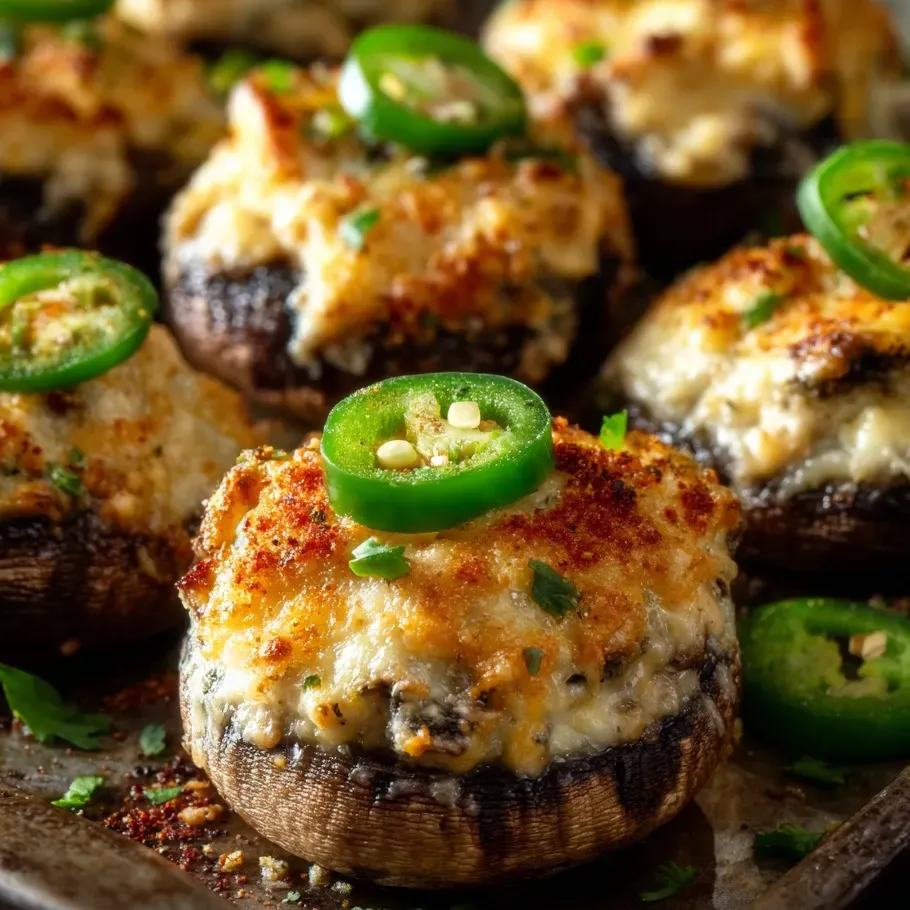 Eine Platte mit gegrillten Champignons, die mit Jalapeno-Paprika-Sauce garniert sind.