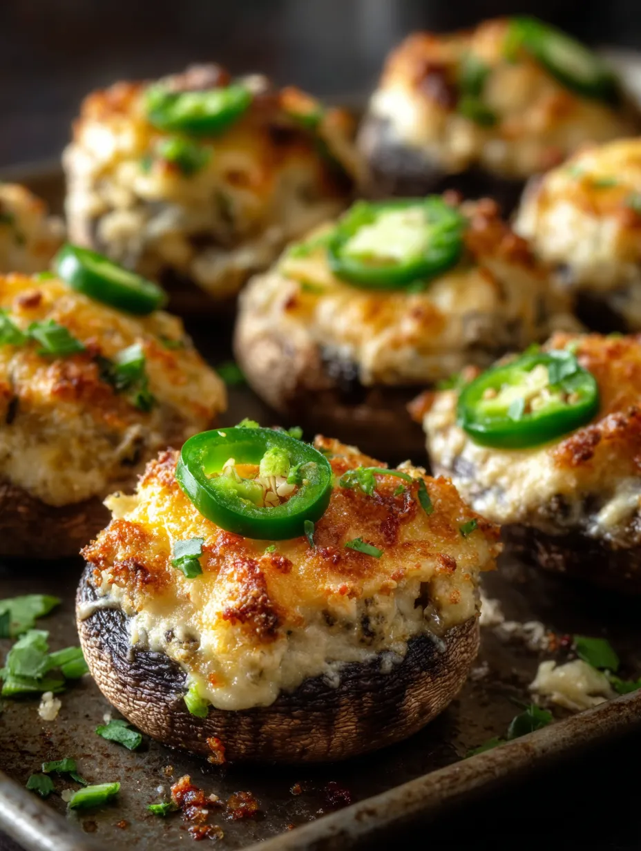 Eine Gruppe von gegrillten Mushrooms mit Jalapeno-Paprika-Topping auf einem Teller.