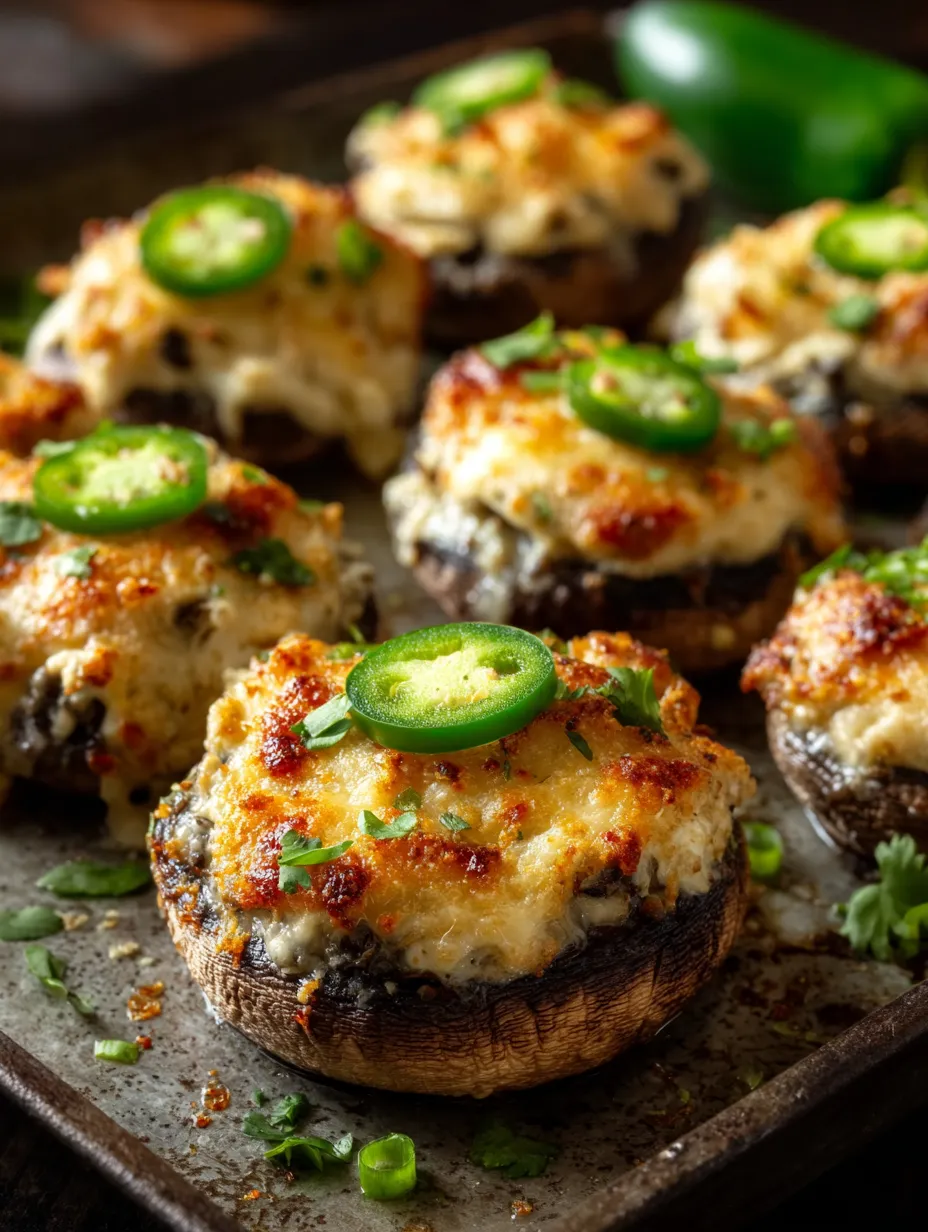 Eine Platte mit verschiedenen gegrillten Mushrooms, die mit Jalapeno und Parsley garniert sind.