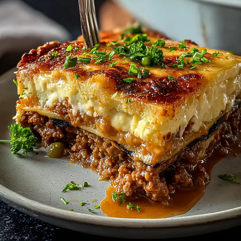 Eine Tasse mit einer Schüssel voller Rinderfleisch, das mit Sauce und Kräutern garniert ist.