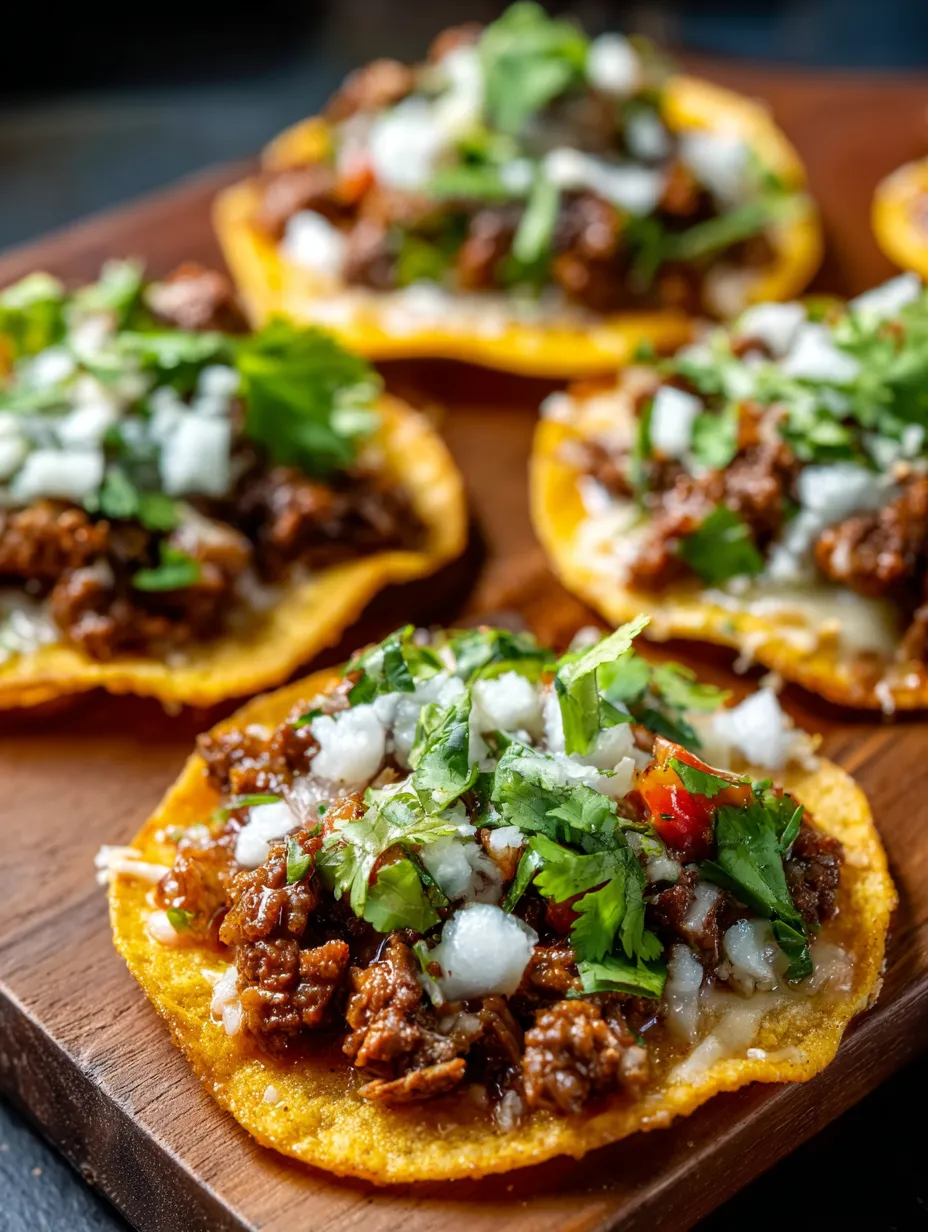 Eine Platte mit sechs Tacos, die mit Käse, Tomaten, Paprika und Chilischoten garniert sind.