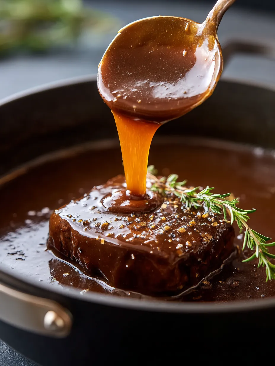 Eine Schüssel mit einer Portion Fleisch, die mit Sauce übergossen wird.