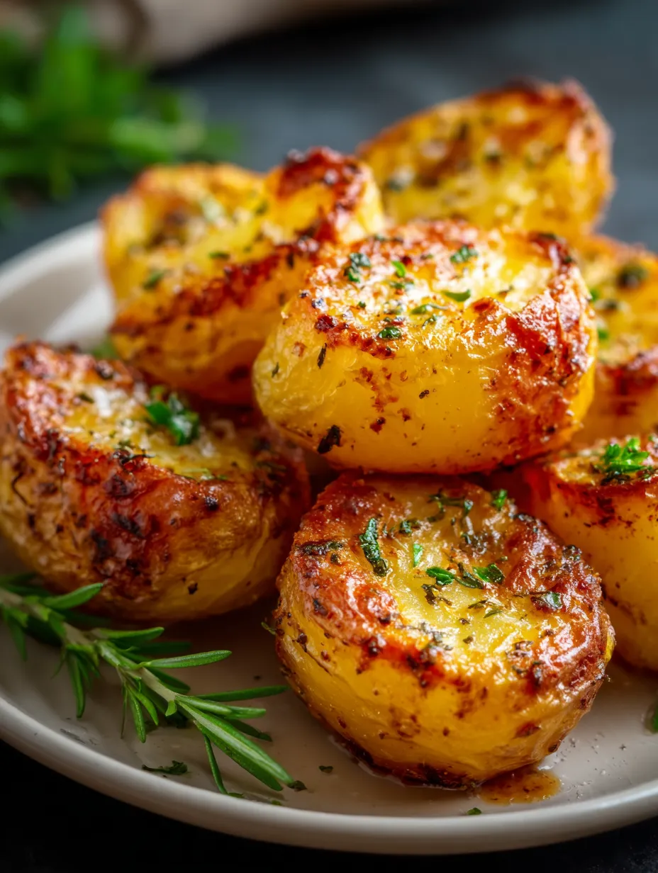 Eine Platte mit sechs knusprigen, grillierten Kartoffeln, die mit Parsley garniert sind.