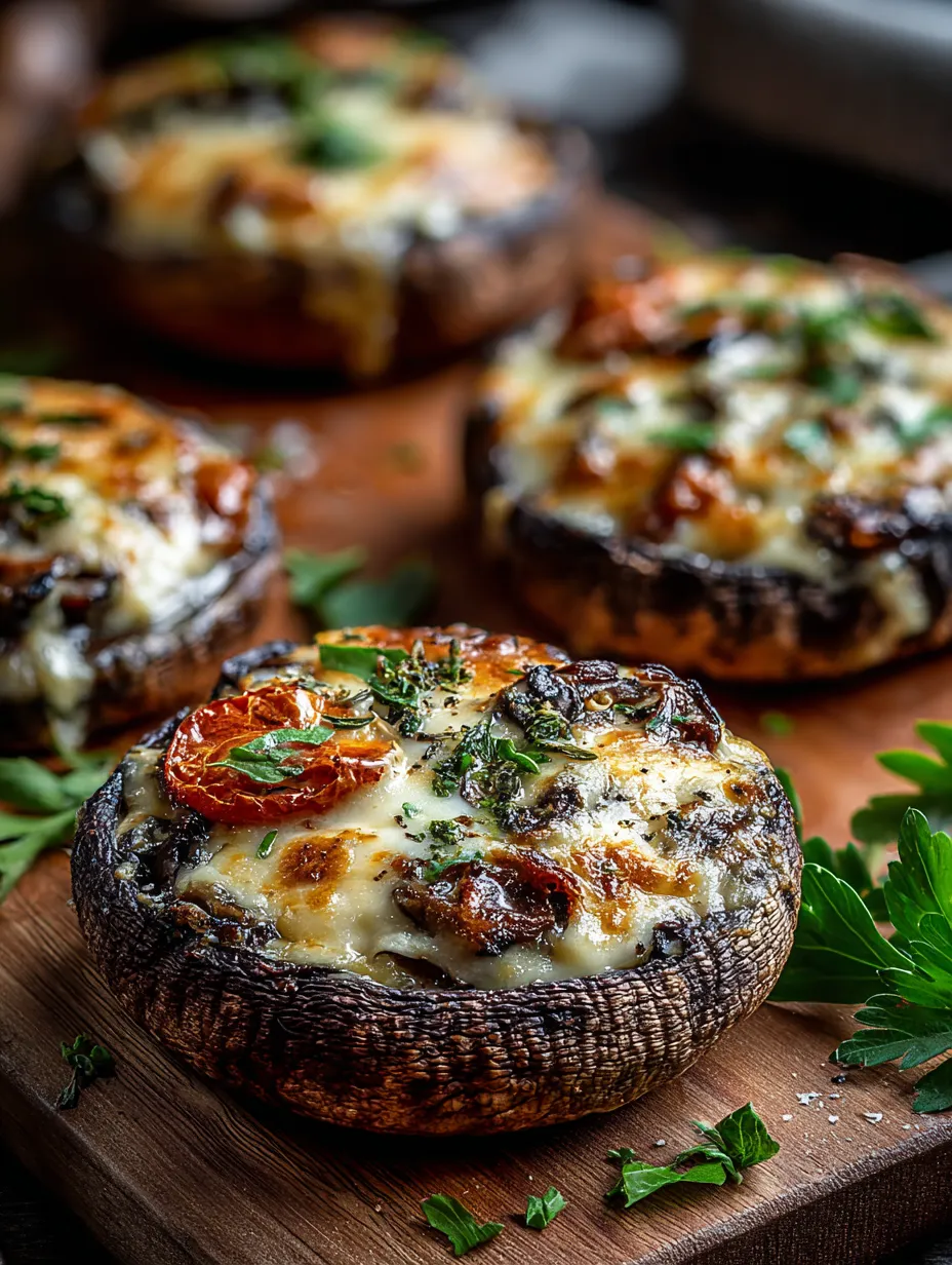 Eine Reihe von Mushrooms mit Zwiebeln und Tomaten darauf.