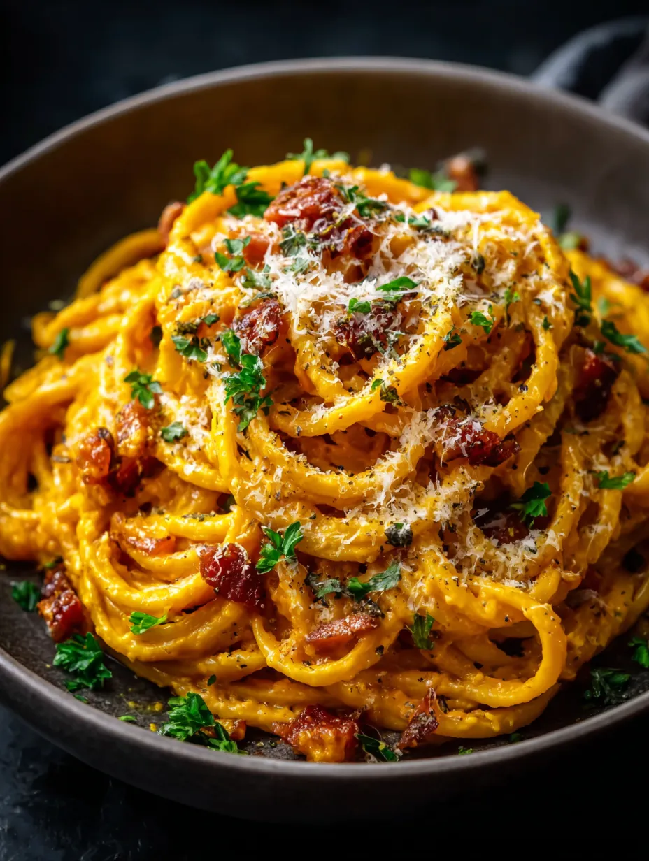 Ein Schälchen mit Pasta und Bacon.