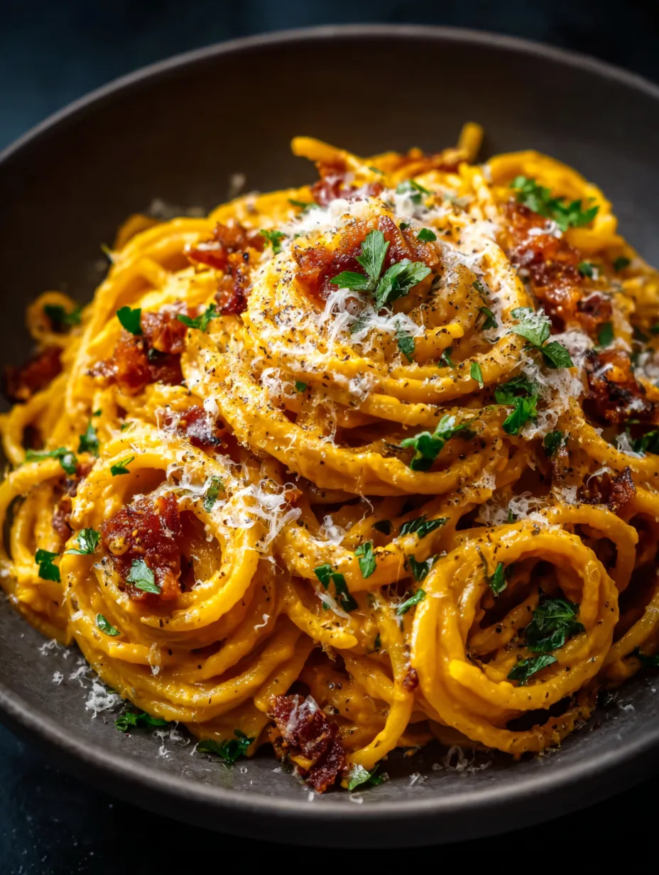 Ein Schälchen mit Pasta, Bacon und Parmesan.