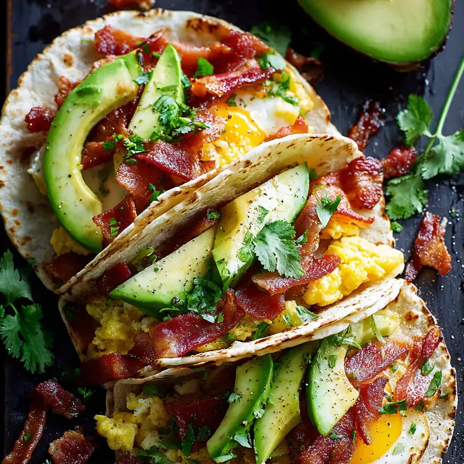 Zwei Tacos mit Bacon und Avocado auf einem Tisch.