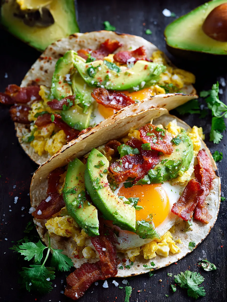 Zwei Tacos mit Bacon, Avocado und Eiern auf einem Tisch.