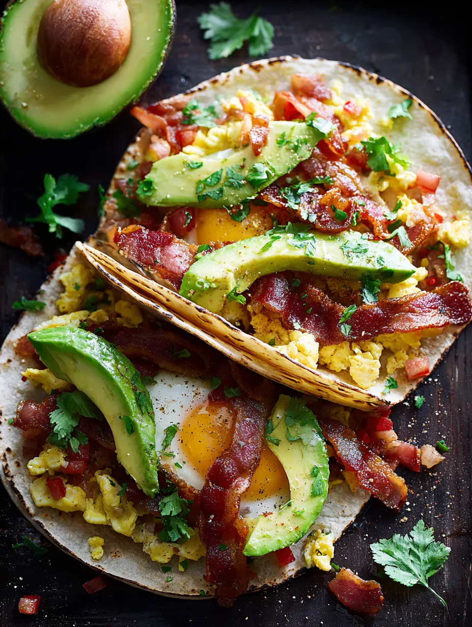 Ein Taco mit Bacon, Avocado und Ei.